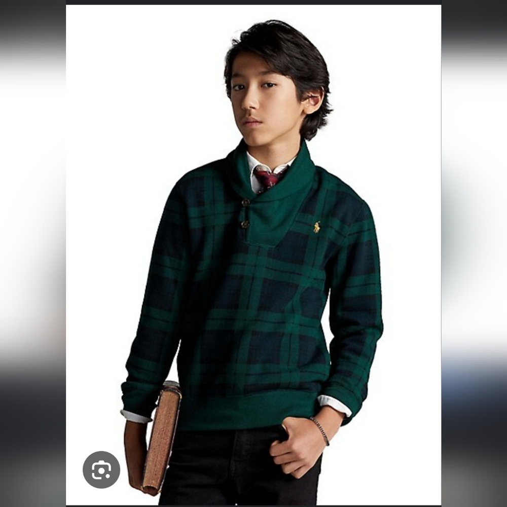 Polo Ralph Lauren Dark Green Plaid Fleece Sweater & Jogger Pants M 10 - 12 Coord